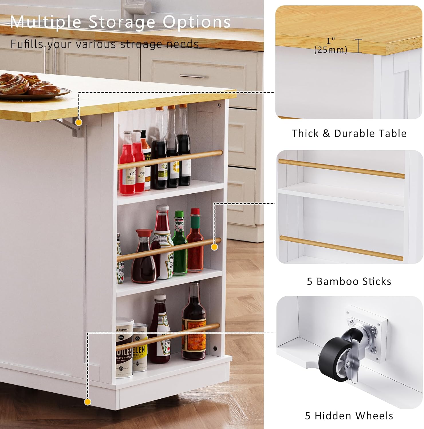 Rolling Kitchen Island with Drop Leaf & Power Outlet, Large Kitchen Islands Cart on Wheels, Movable Kitchen Island with 5 Open Storage Shelves & Towel Rack for Kitchen, Dining Room, 53-Inch, White