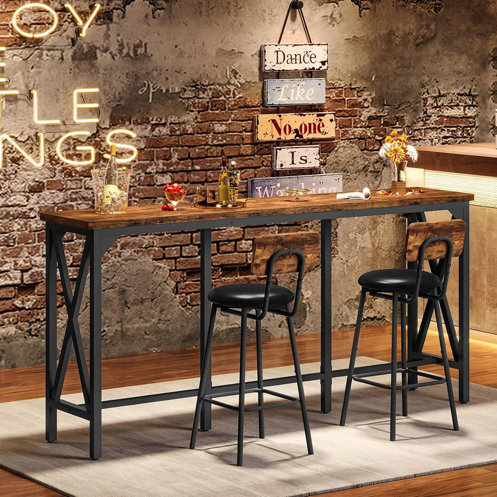 CHOEZON Bar Table and Chairs Set, Counter Height Table and Chairs, with X-Shaped Supports, 1 Pub Table and 2 Chairs, for Dining Room, Living Room, Home Bar, Rustic Brown and Black TBT18BF
