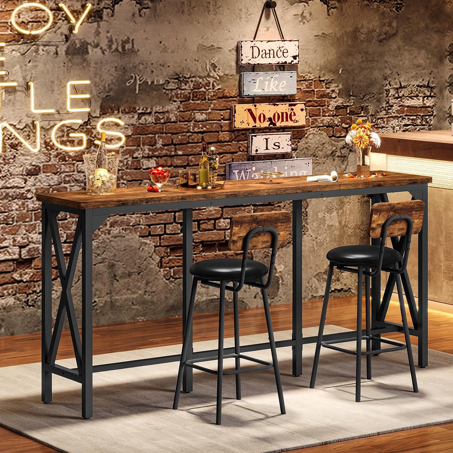 CHOEZON Bar Table and Chairs Set, Counter Height Table and Chairs, with X-Shaped Supports, 1 Pub Table and 2 Chairs, for Dining Room, Living Room, Home Bar, Rustic Brown and Black TBT18BF