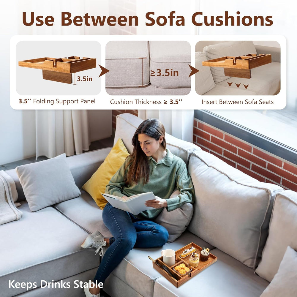 Couch Insert Tray for Middle Seat, Acacia Wood Couch Table with 2 Cup Holders...