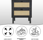 Sango Orre 2-Drawer Nightstand, Modern Black Bedside Table with Synthetic Rattan Drawer Panels, Cylindrical Wood Legs, Discreet Finger Pulls, Smart Storage for Living Room or Office Room