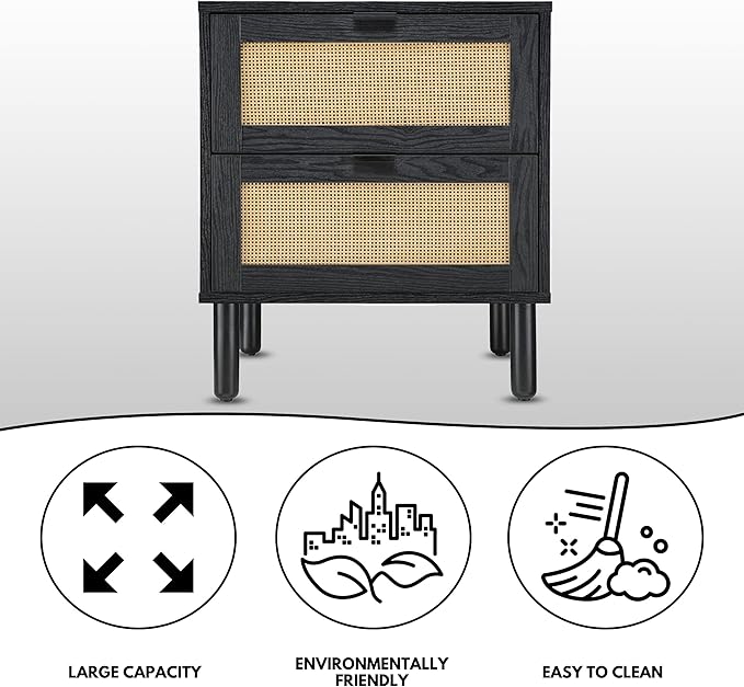 Sango Orre 2-Drawer Nightstand, Modern Black Bedside Table with Synthetic Rattan Drawer Panels, Cylindrical Wood Legs, Discreet Finger Pulls, Smart Storage for Living Room or Office Room