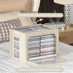 CYhom 3Pack Frame Storage Box - Clothes Storage Bin Bags Oxford Fabric Foldable Stackable Container Organizer Set with Clear Window & Carry Handles Large Capacity (Beige, Large-66L)