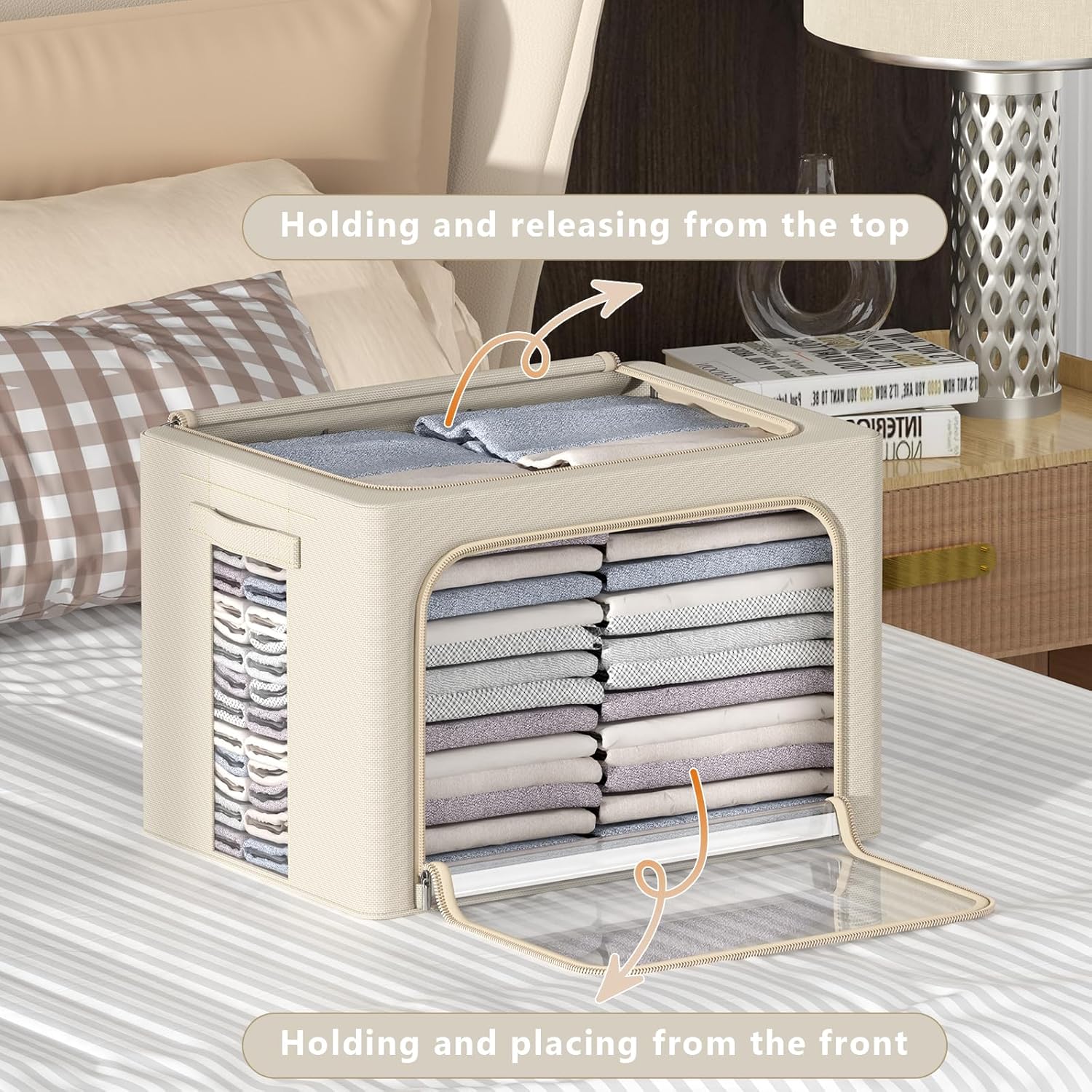 CYhom 3Pack Frame Storage Box - Clothes Storage Bin Bags Oxford Fabric Foldable Stackable Container Organizer Set with Clear Window & Carry Handles Large Capacity (Beige, Large-66L)