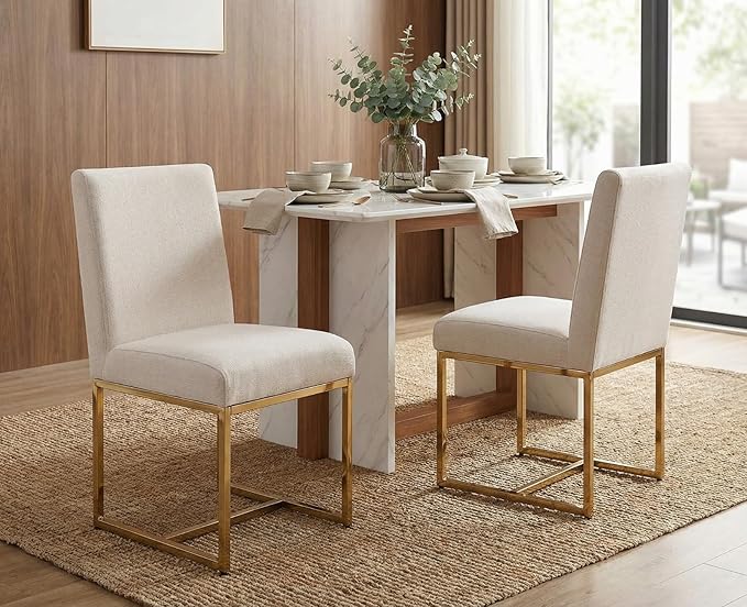CIMOTA Modern Dining Chairs Set of 2, Upholstered Dining Room Chairs Armless Guest Side Chair with Gold Base for Dining Room/Kitchen, Beige, 2PCS