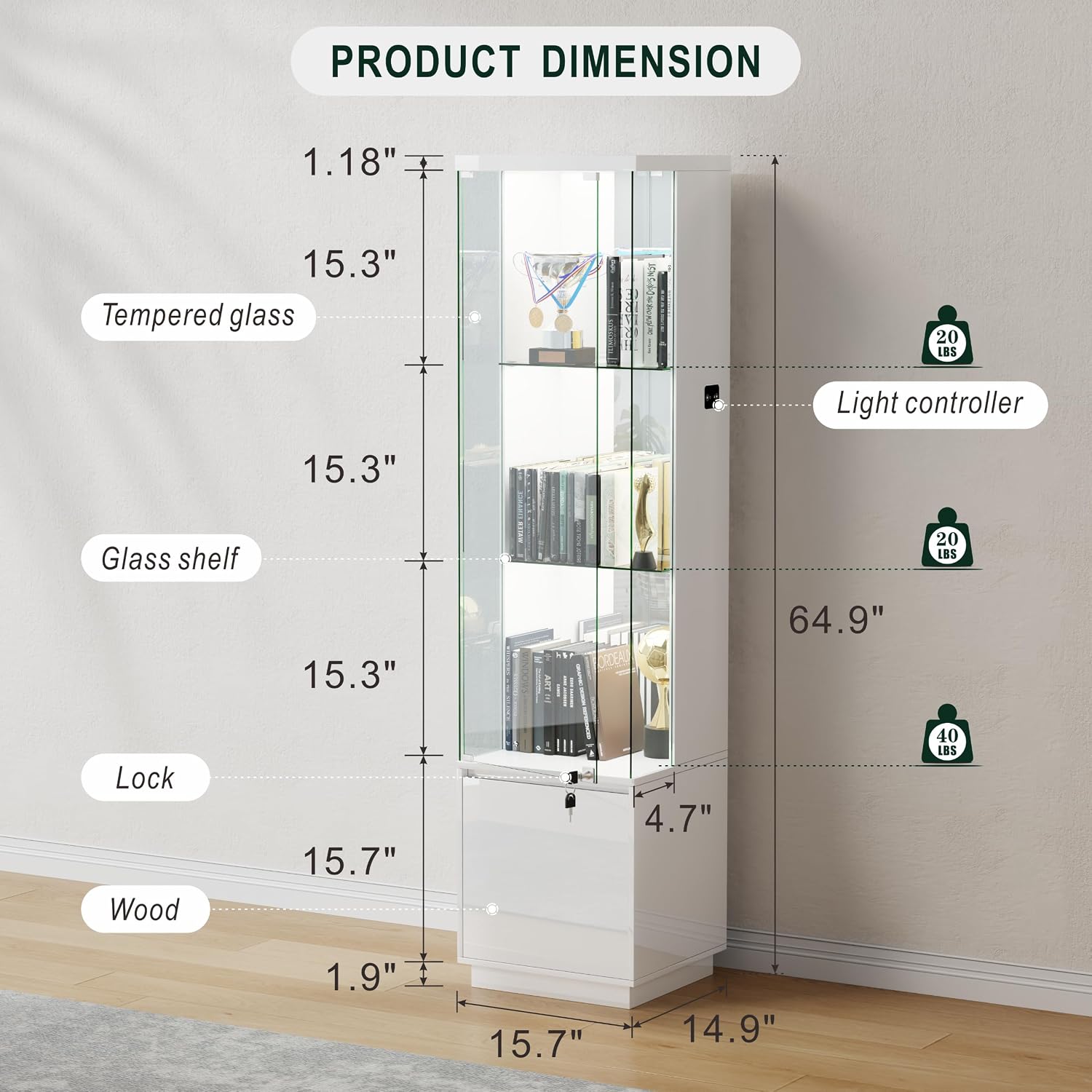 65"H Corner Display Cabinet with Glass Doors and Sensor Lights,lock,White | Lighted Glass Display Cabinet with 3-Tier Glass Shelves,Corner Curio Cabinet with 3 Color Lights for Collectibles