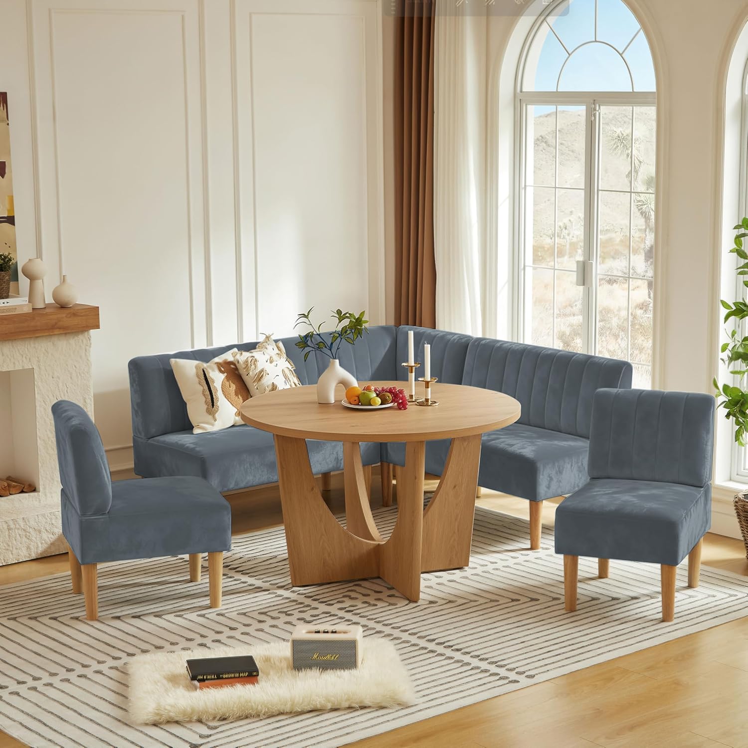 Round Dining Table Set with Loveseat & Chairs, 47 Inch Farmhouse 5-Piece Round Table Setting for 4 to 6, Wood Circle Table and Chairs Set for Kitchen,Breakfast Nook, Indoor Conversational Seating