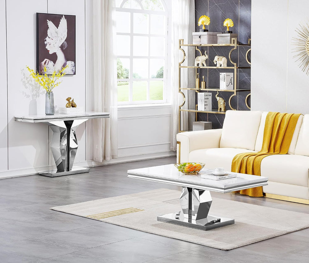 SSLine Modern White Faux Marble Console Table Luxury Entryway Table with Silv...