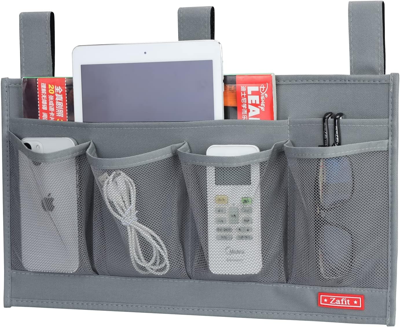 Hanging Bedside Caddy, Bedside Storage Organizer for Magazine, Phone, Remote control (6 Pockets-Grey)