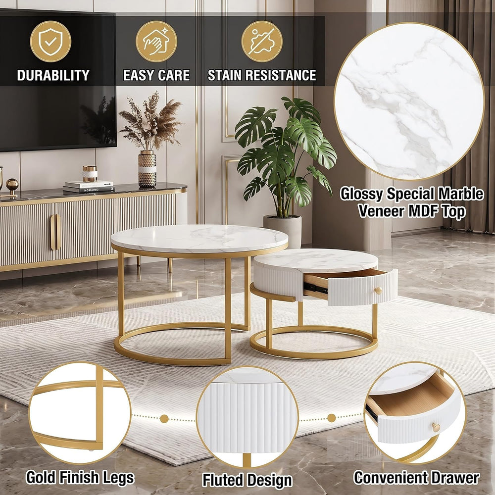 Round Nesting Coffee Table with Drawer for Small Living Room, Gold | 27.56&qu...