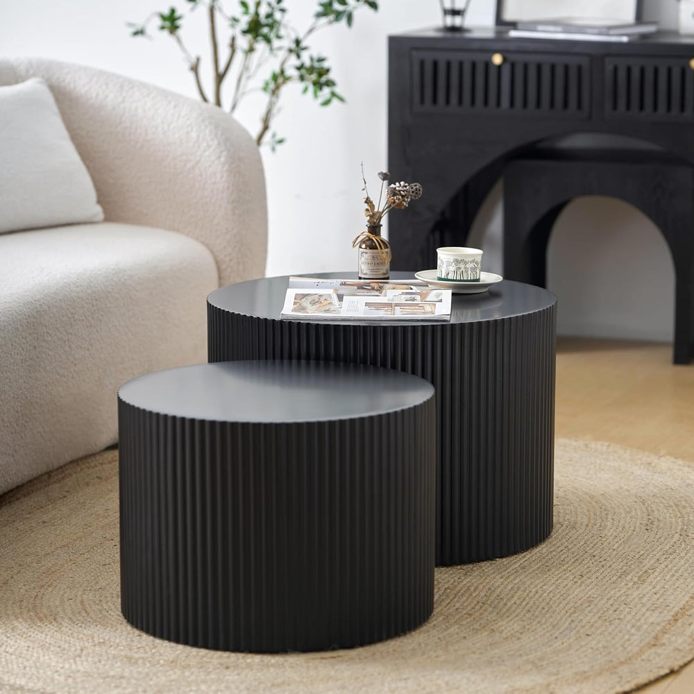 Nesting Coffee Table Set of 2, Modern Drum Side End Wave Stripe Round Coffee ...