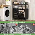 Homykic Tilt Out Laundry Hamper Cabinet, Bamboo Double Laundry Hamper with 2 Removable Laundry Baskets, 20 Gal Laundry Sorter Organizer with Shelf for Dirty Clothes, Bathroom, Laundry Room, Black