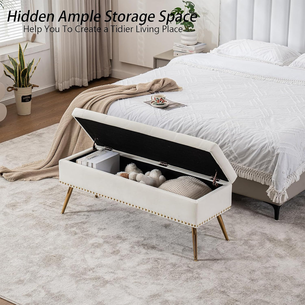 46" Ivory White Velvet Storage Bench with Gold Legs Nailhead Trim | Tufted Ottoman, End of Bed Bench, Upholstered, For Bedroom/Living Room/Window/Entryway/Dining Bench, Modern, Rectangle
