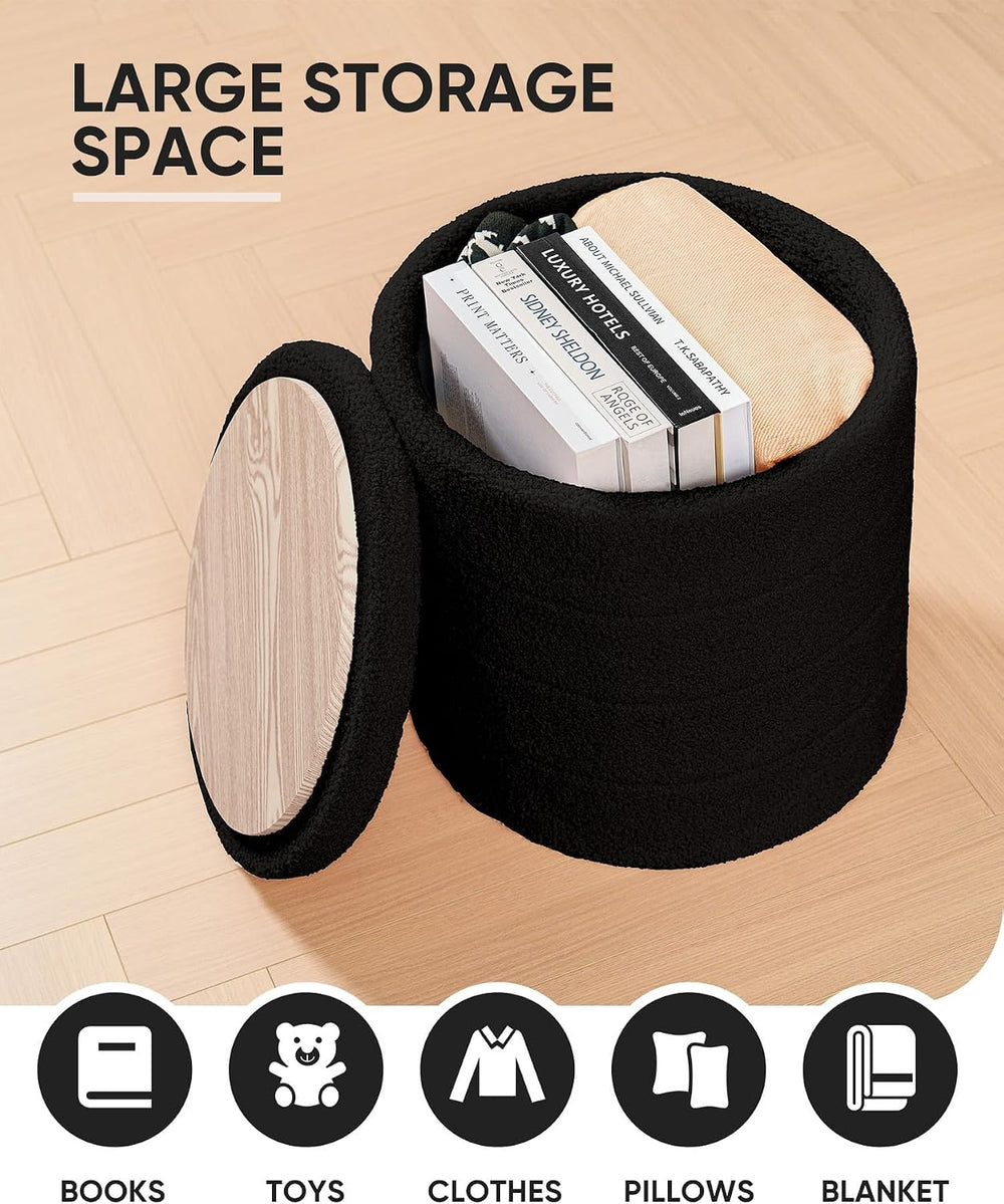 B FSOBEIIALEO Folding Storage Ottoman, Round Sherpa Ottomans, Black | 16.9&qu...