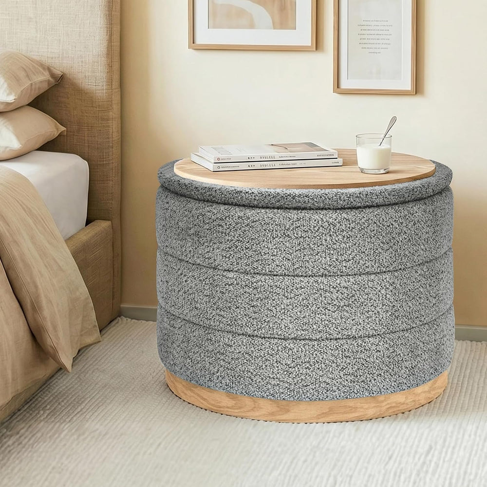 Round Storage Ottoman with Tray Lid, Folding Chenille Fabric Footrest with Hi...