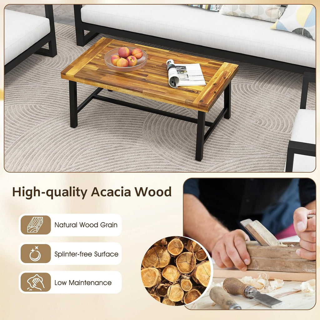 Tangkula Outdoor Acacia Wood Coffee Table, Rectangle Rustic Accent Table with Thickened Top & Heavy-Duty Metal Legs, for Patio, Deck, Garden, Natural