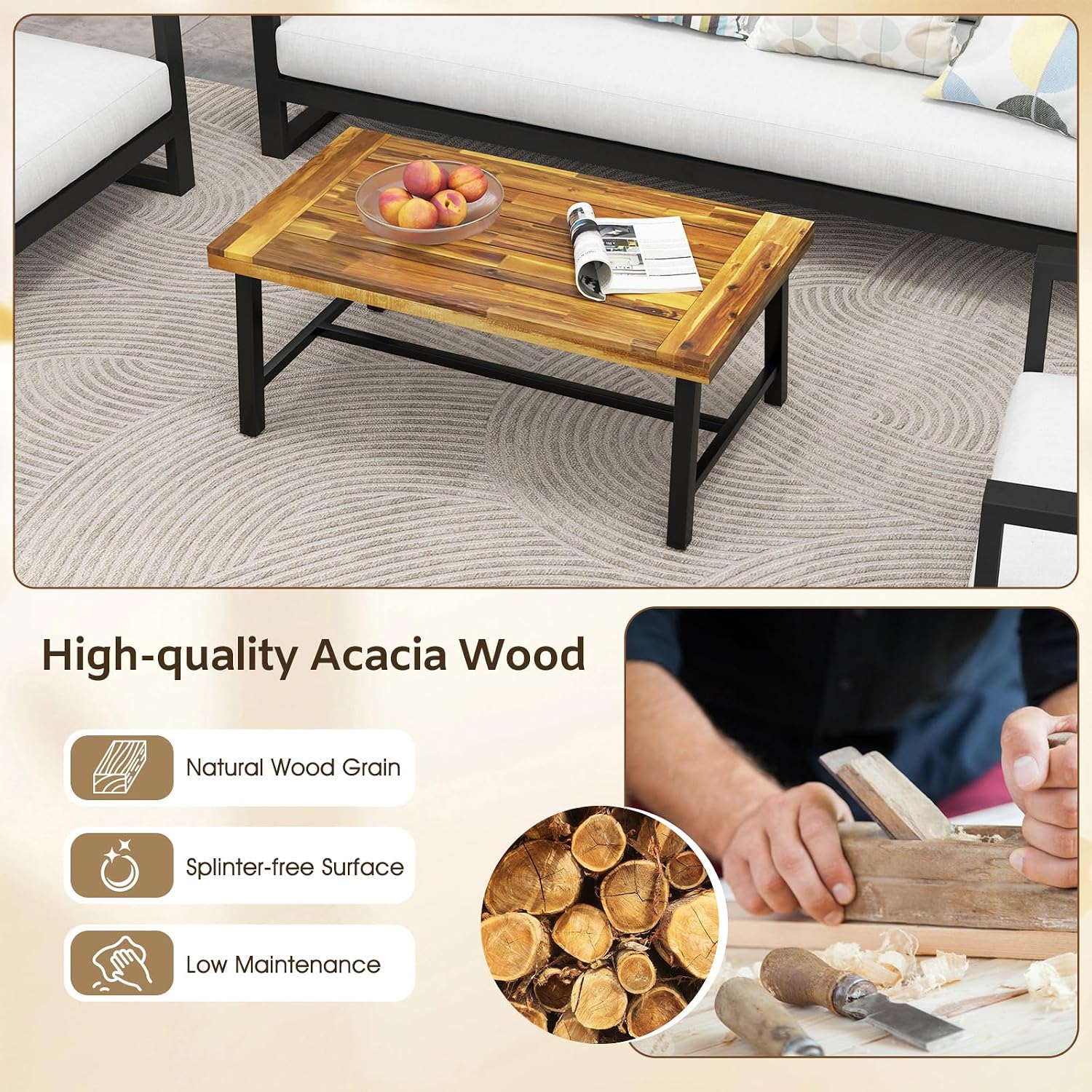 Tangkula Outdoor Acacia Wood Coffee Table, Rectangle Rustic Accent Table with Thickened Top & Heavy-Duty Metal Legs, for Patio, Deck, Garden, Natural