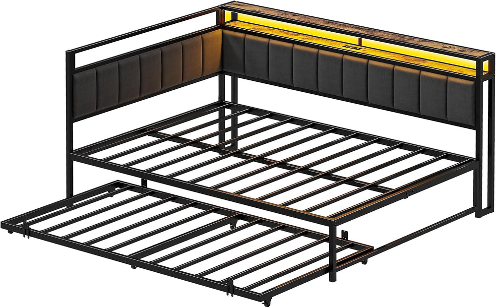 LIKIMIO Full Daybed with Trundle, Charging Station & LED, Black