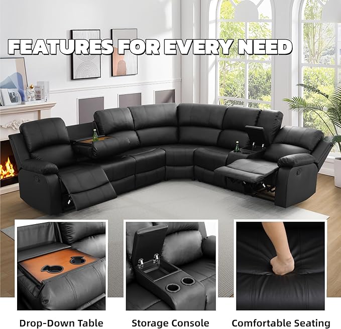 Manual Recliner Sectional Sofa Set, Bonded Leather L-Shaped Living Room Furniture Sets, Reclining Sectional Corner Couch and 2 Reclining Chairs Set for Home Office (Black, Sectional + 2 Chairs)
