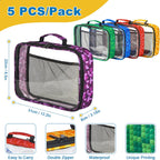 5 PCS Toys Storage Bags for kids,Travel Organizer Pouch Case for Toy Bricks, Puzzles, Building Blocks,Waterproof Colorful Print Design with Handle (Transparent)
