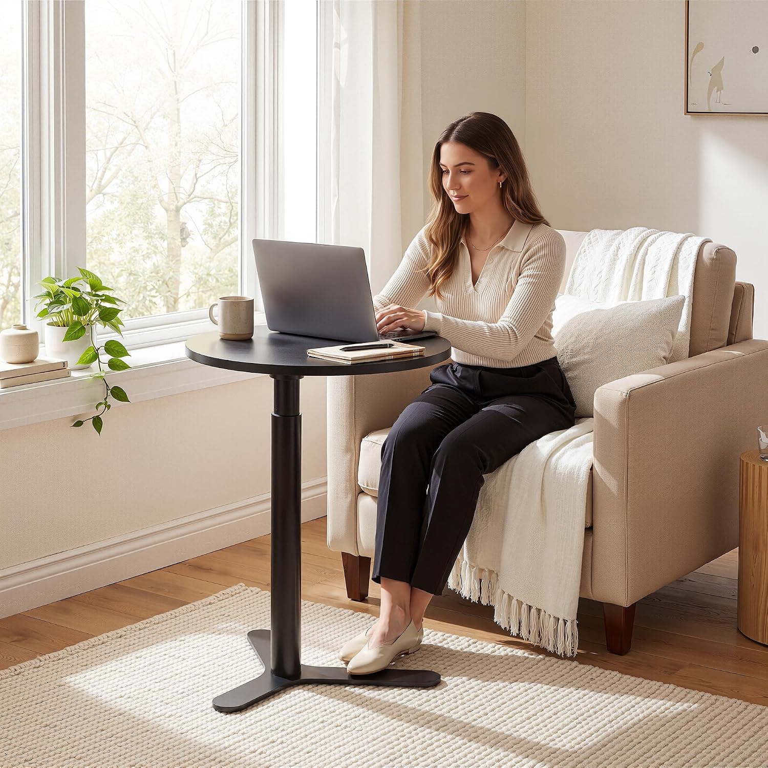 SANODESK 19.7'' Pneumatic Height Adjustable Round Dining Table Bar Table | Height 25.8"–41.3",Wooden Modern Kitchen Table for Snacks & Coffee, Ideal for Living Room Bedroom Balcony Small Spaces,Black