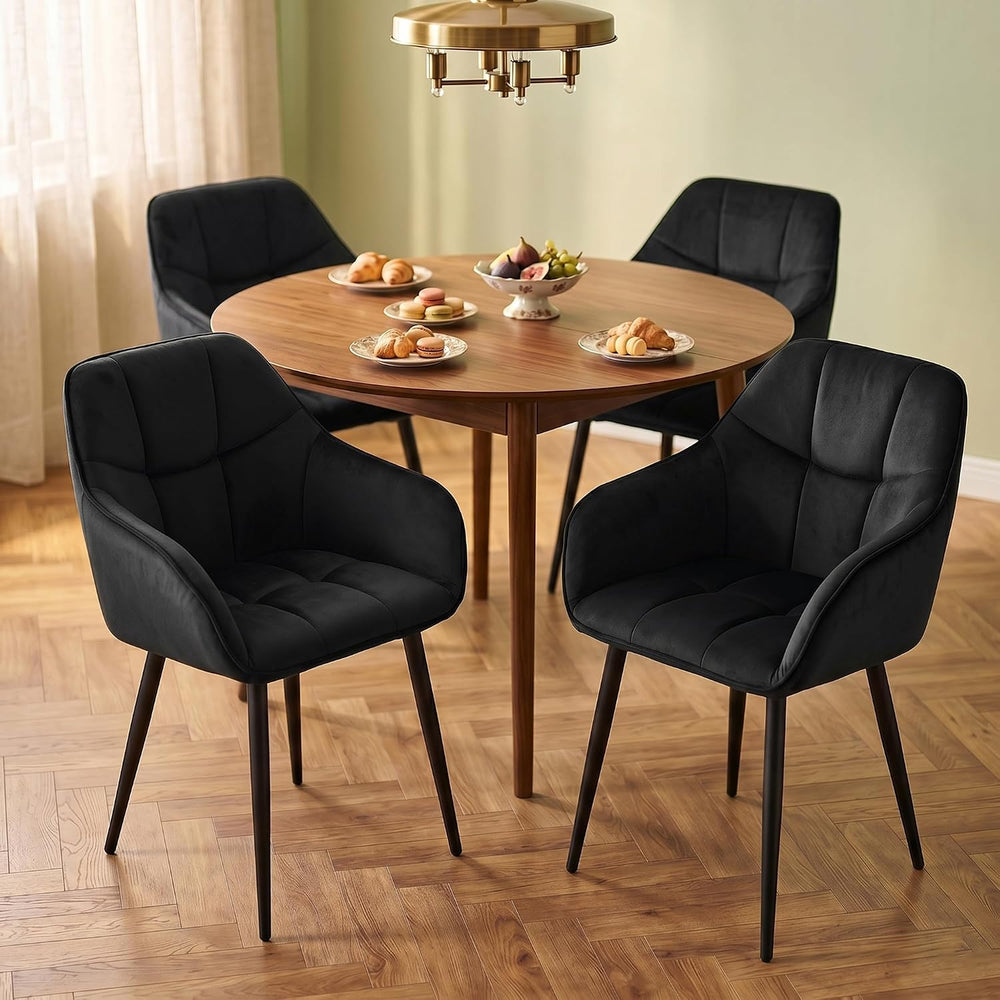 Modern Black Velvet Dining Chairs Set of 2, Upholstered Tufted Side Chairs wi...