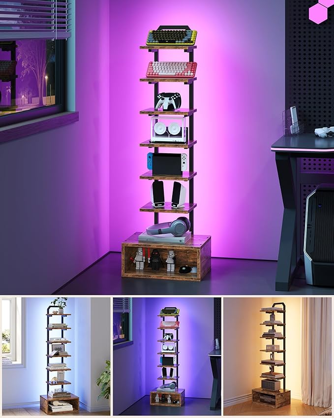 8-Tier Bookshelf, LED Bookcase with Semi-Open Bottom, Small Space Standing Sh...