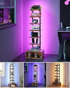 8-Tier Bookshelf, LED Bookcase with Semi-Open Bottom, Small Space Standing Shelf with Lights, Corner Storage Stand, for Living Room, Home Office, Bedroom, Rustic Brown TSJ08DBF