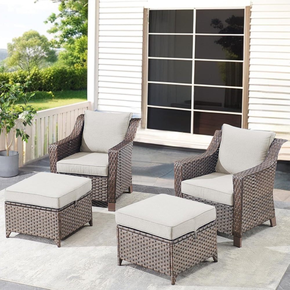 Outdoor Wicker Ottomans Rattan Footrests - Heavy Duty Outside Resin Rattan La...