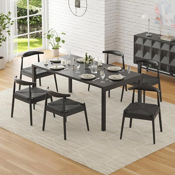 Farini Mid Century Modern Dining Chairs Set of 2, Solid Wood Frame Kitchen Chairs with Woven Upholstered Seat for Dining Room & Breakfast Nook,Black-Black