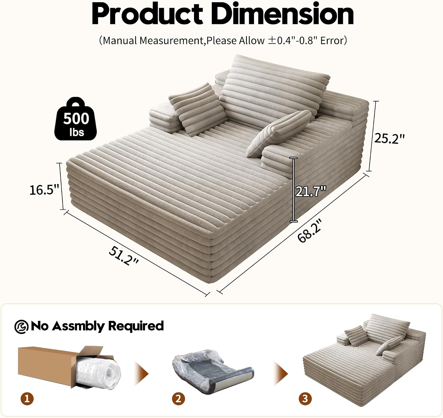 Oversized Chaise Lounge Chair Indoor,51" W Upholstered Sofa Bed,No Assembly Required,Fluffy Plush Modern Single Sleeper Couch Reading Chairs Corduroy Cloud Sofas Couches for Living Room, Bedroom,Grey