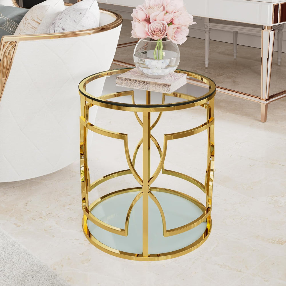 Polibi 19.7" Round Gold Metal End Table with Tempered Glass Top & 2-...