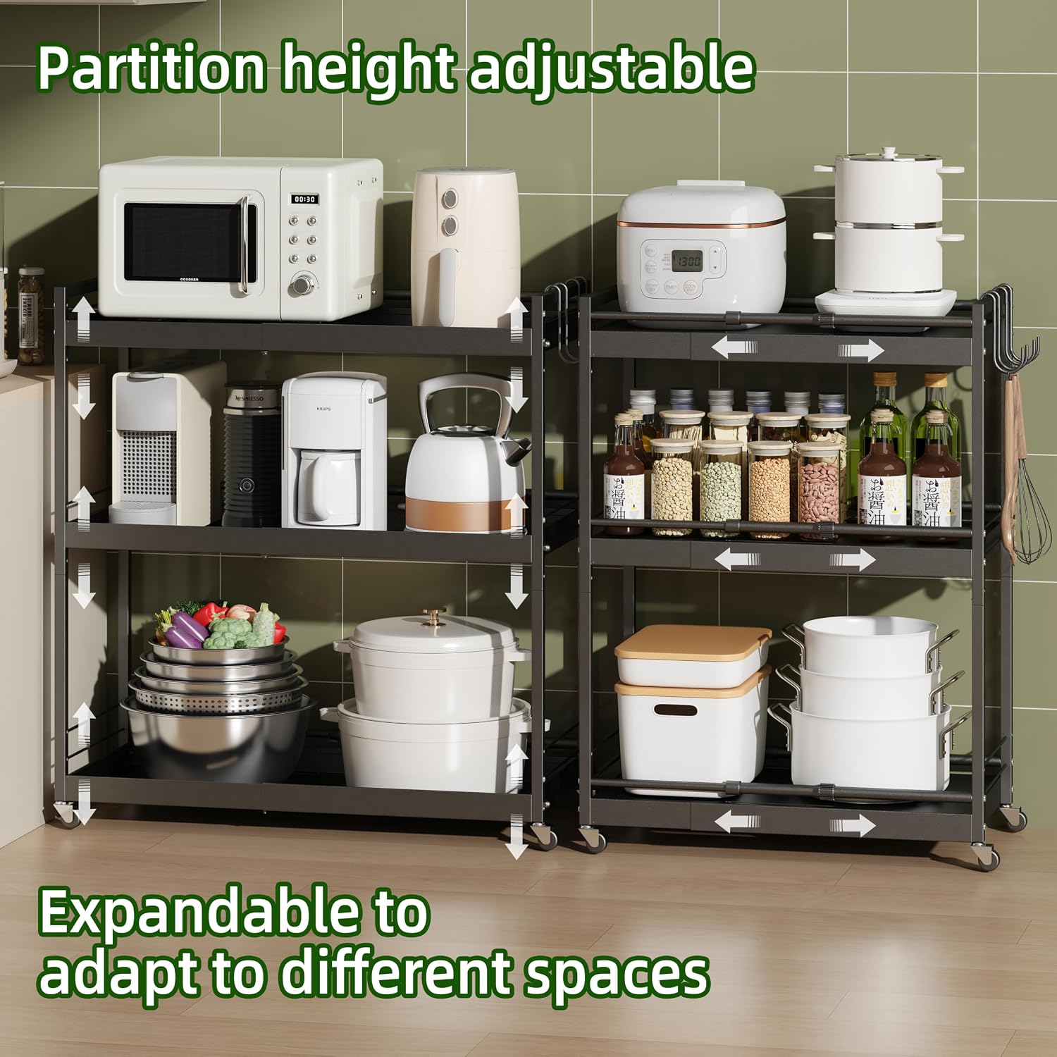 3 Tier Expandable Rolling Cart with wheels, pantry organizers and storage | kitchen Storage Cart for cans,food,snack and appliances，Adjustable shelf board height，Black,12.59"D×19.29-30.9"W×29.05"H