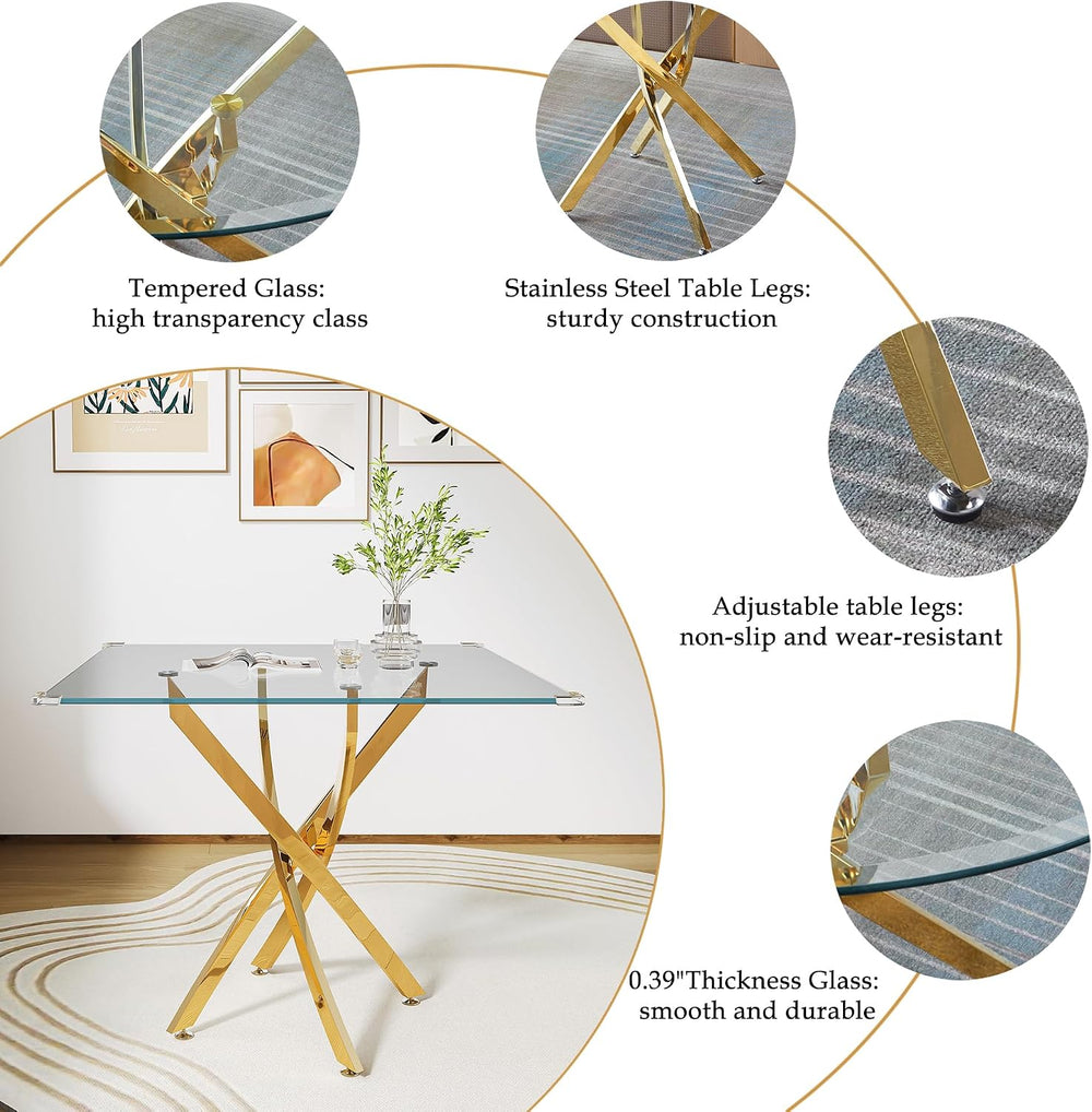 AF ARTISAN FURNITURE 5 Piece Square Glass Dining Table Set, Gold Glass Kitche...
