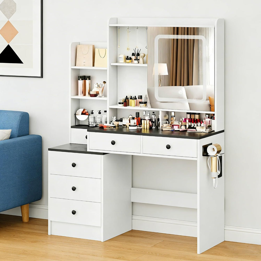 KAMABOKO Makeup Vanity Table with Adjustable LED Mirror & Charging Statio...