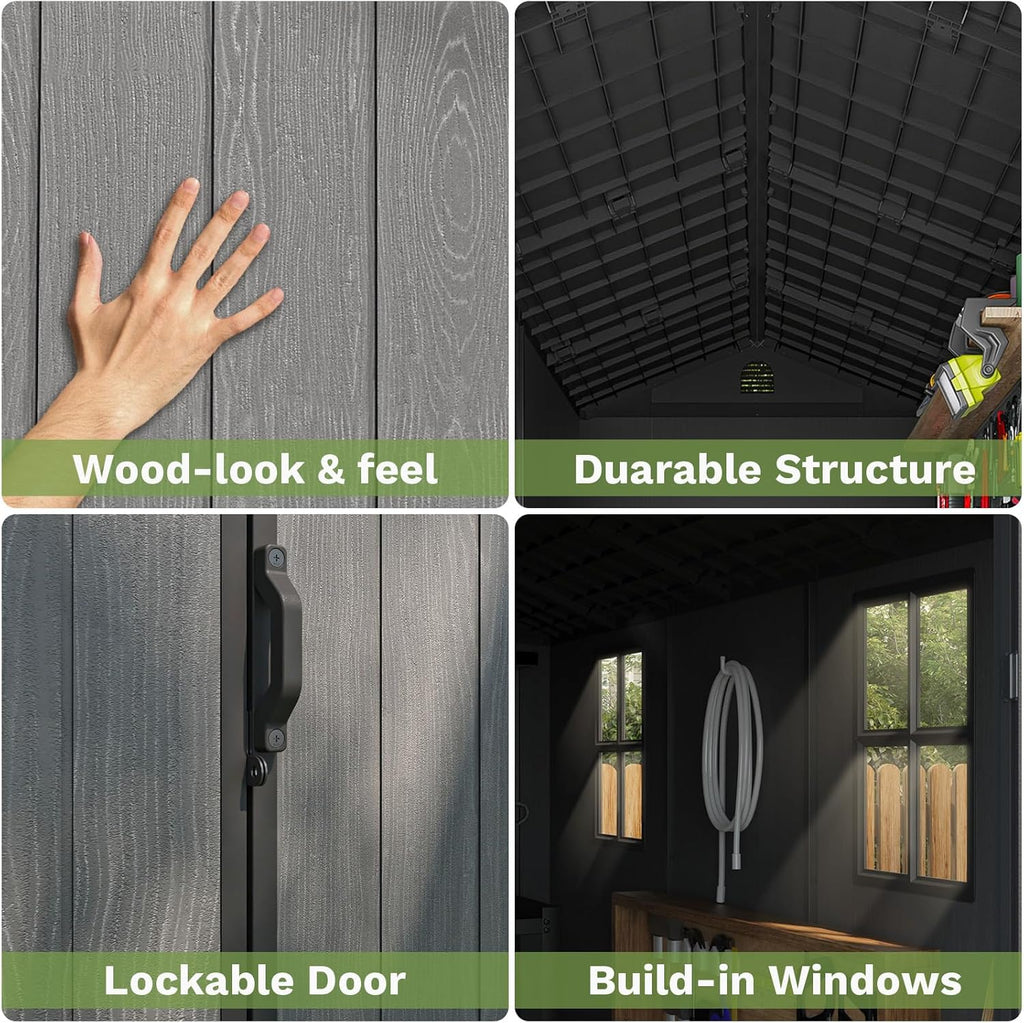 Patiowell 4 x 8 FT Plastic Outdoor Storage Shed with Floor, Garden Tool Shed with Two Windows and Single Lockable Door for Garden, Backyard, Lawn, Easy to Install (Dark Grey) (Fit-it Shed)