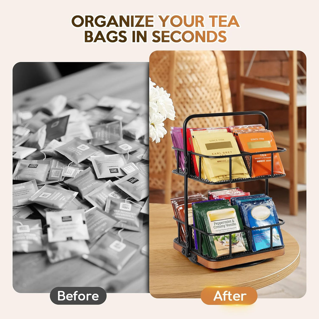 Rotation 2 Tier Tea Bag Organizer, Iron Art Tea Organizers, Acacia Wood Stand Teabag Holder with Handle Easy to Move and 8 Basket Tea Caddy for Tea Bags Organizer for Pantry, Kitchen, Gift Giving