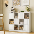 iPormis 12 Cube Bookcase with 6 Fluted Sliding Doors, 3 Tier Wooden Bookshelf, 47.2” Freestanding Cube Storage Organizer for Living Room, Office, Bedroom, Semi-Open Bookshelves, White