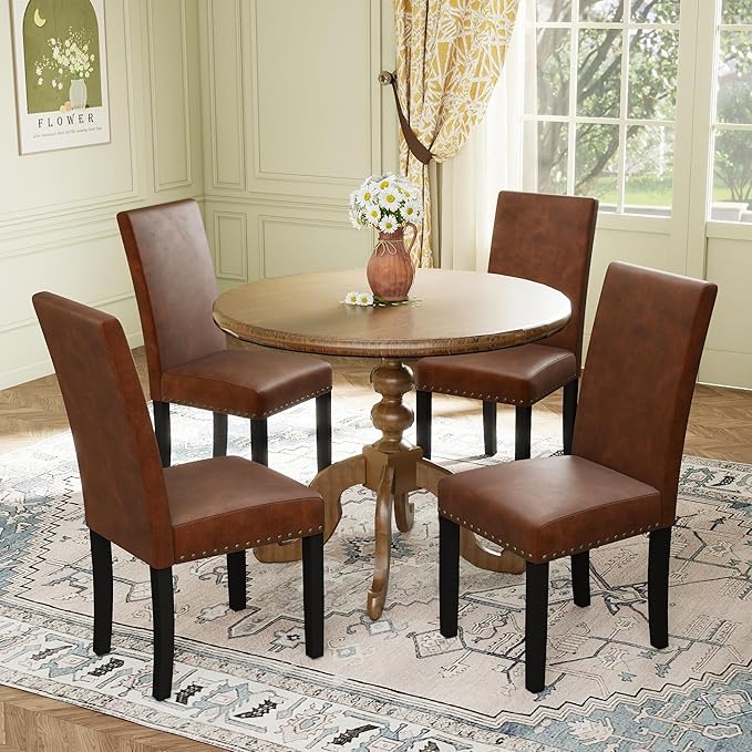 LSSPAID Dining Chairs Set of 4, PU Leather Upholstered Dining Room Chairs with Nailhead Trim and Solid Wood Legs for Home and Kitchen, Brown