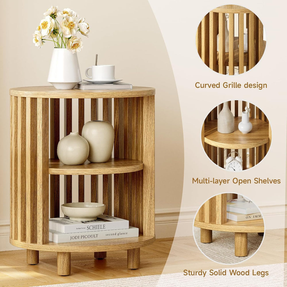 Round End Table, Wood Bedside Table, Mid Century Modern Nightstand with Open ...