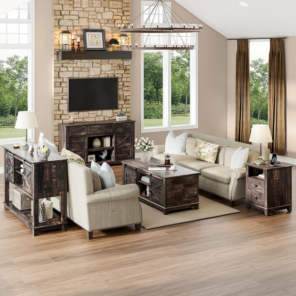 LUXOAK Farmhouse Table Set of 3, Coffee Table with Sliding Barn Doors, End Ta...