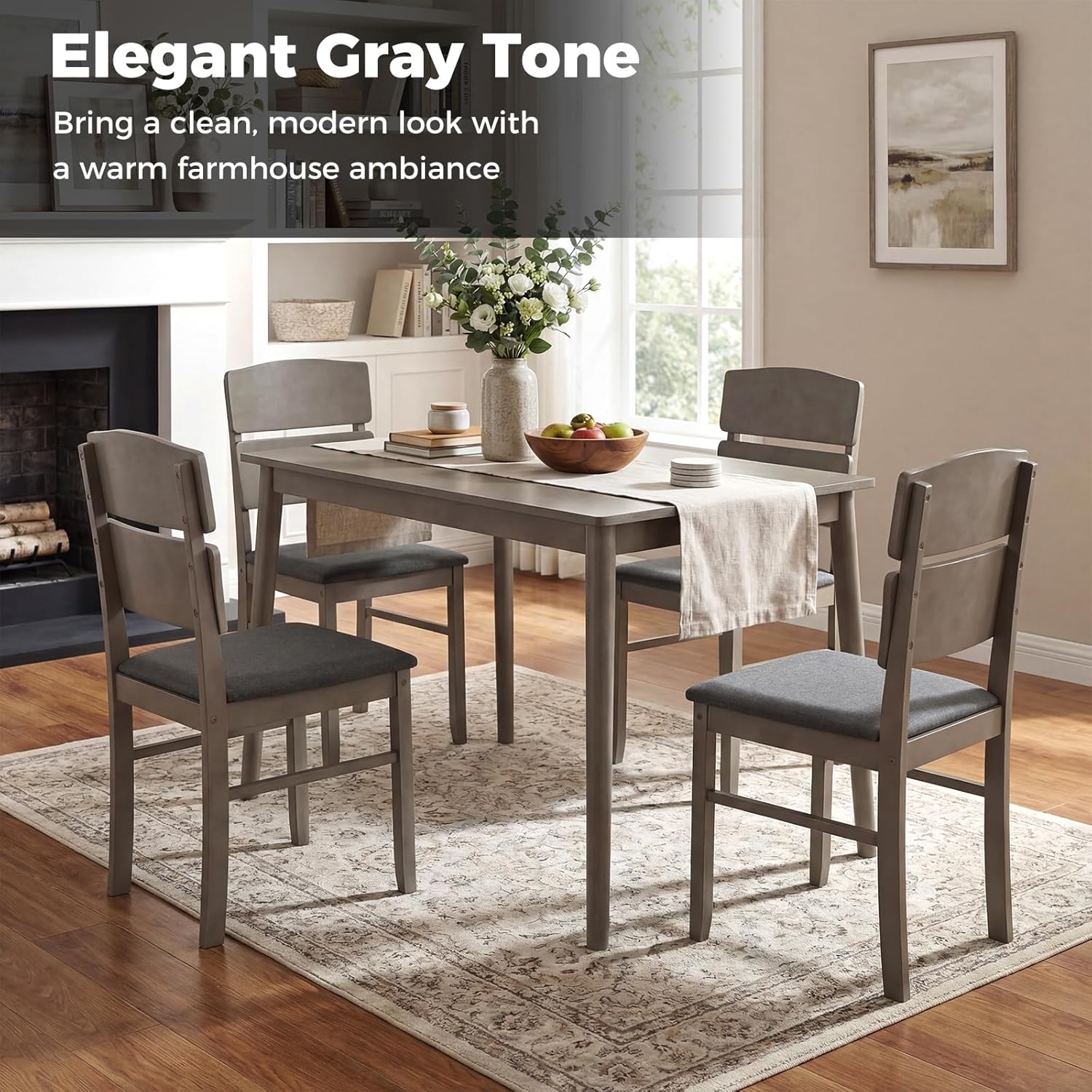 Giantex 5-Piece Dining Table Set for 4, Kitchen Table and Upholstered Chair Set w/Solid Rubber Wood Legs, High Curved Backrest, Space-Saving Farmhouse Dinette Set for Living Dining Room, Gray