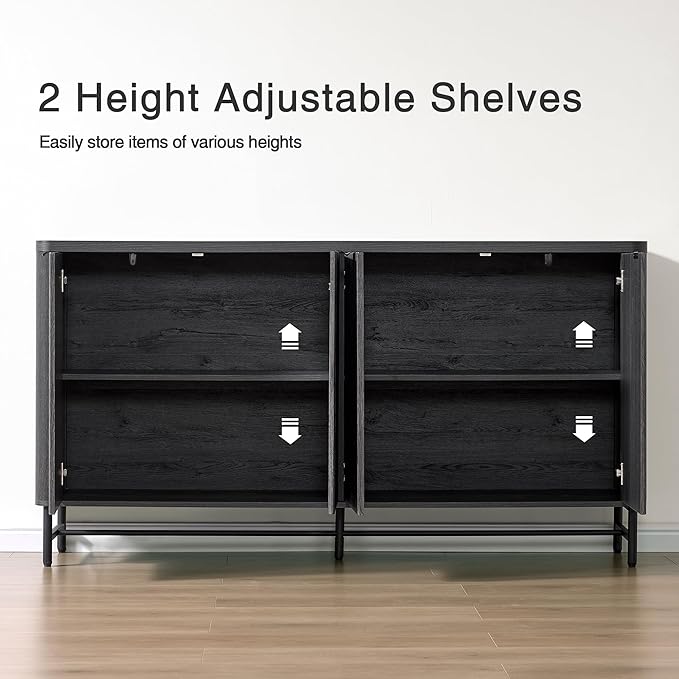 65" Large Sideboard Buffet Cabinet with Storage, Set of 2 Modern Fluted Credenza Accent Coffee Bar Console Tables with Doors & Adjustable Shelves for Living Room or Hallway, Black & Grey