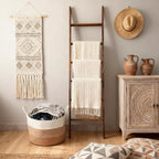 Novabright 3 Pcs Farmhouse Living Room Decoration Set with 5.6 Ft Wooden Blanket Ladder 20 x 13 Inches Large Woven Blanket Basket 58 Inches Wood Bead Garland with Tassels for Bedroom Home Decor