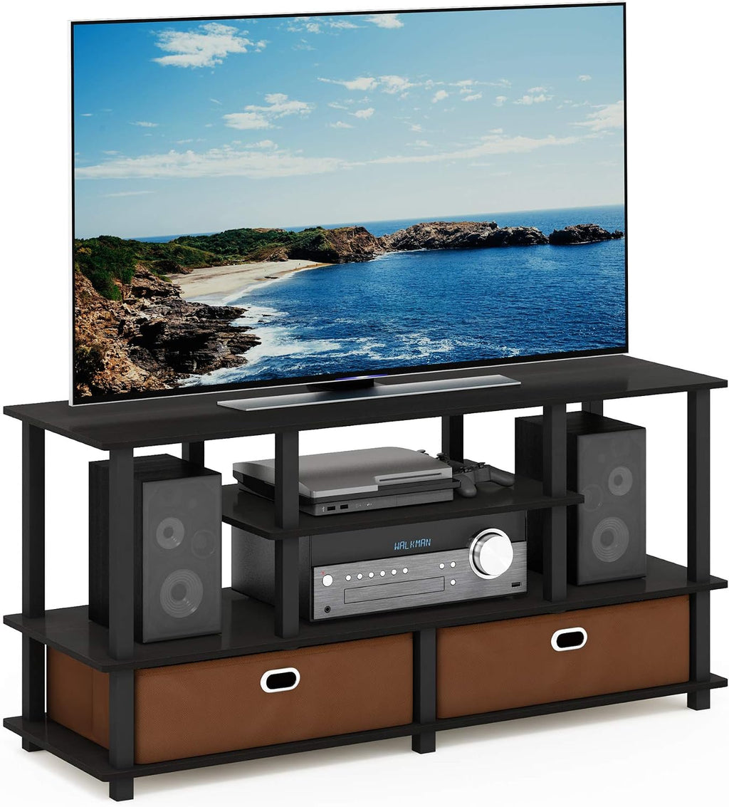 Furinno Jaya Toolless Assembly TV Stand for TV up to 55 Inch, 4-Tier Entertainment Center, TV Console with 2 Storage Bins, for Living Room, Bedroom, Home Office, Black Espresso