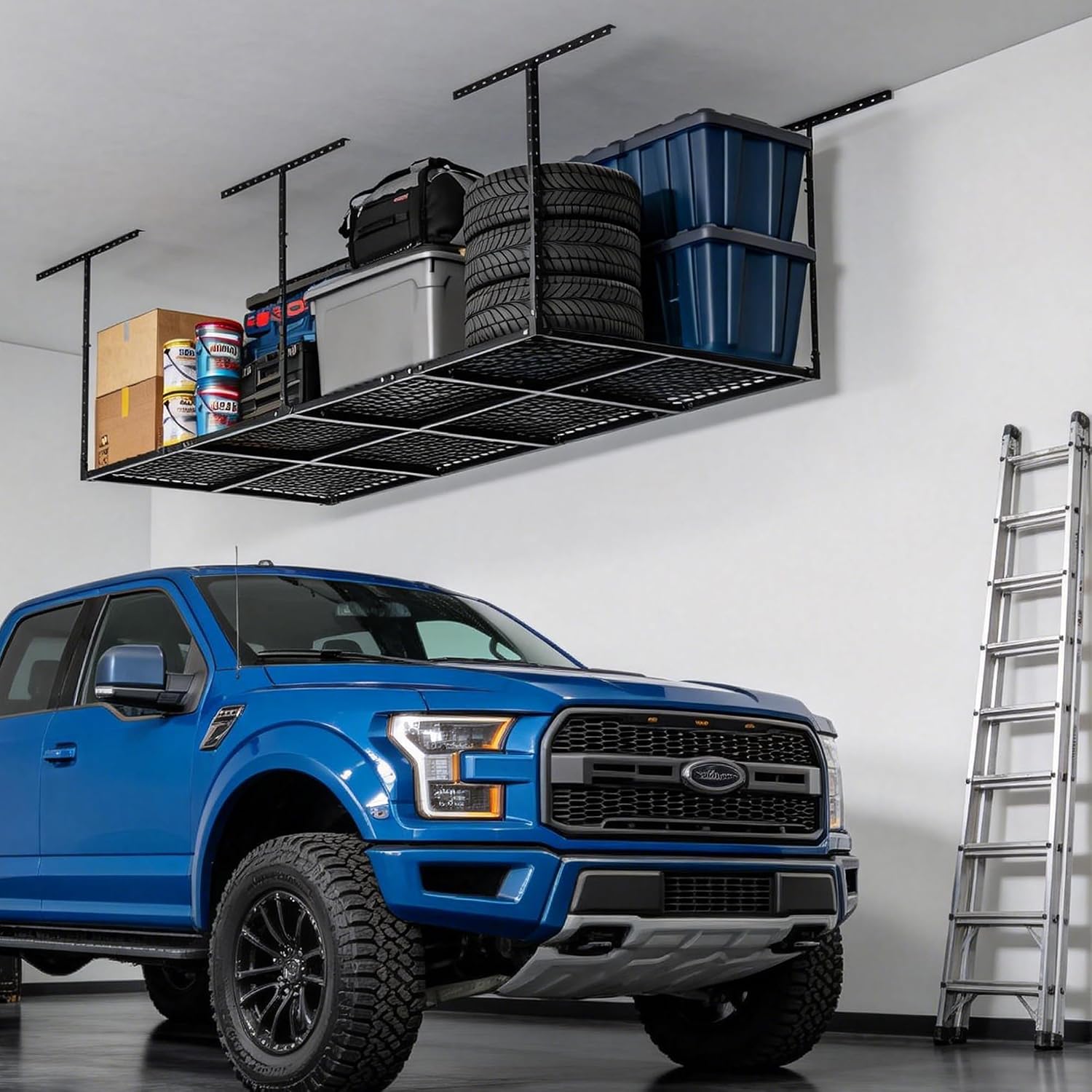 YOHKOH 4x8 Ft Overhead Garage Storage Rack, Adjustable Height, Heavy-Duty Garage Ceiling Storage Racks, 700lbs, Black, 4-Panel System