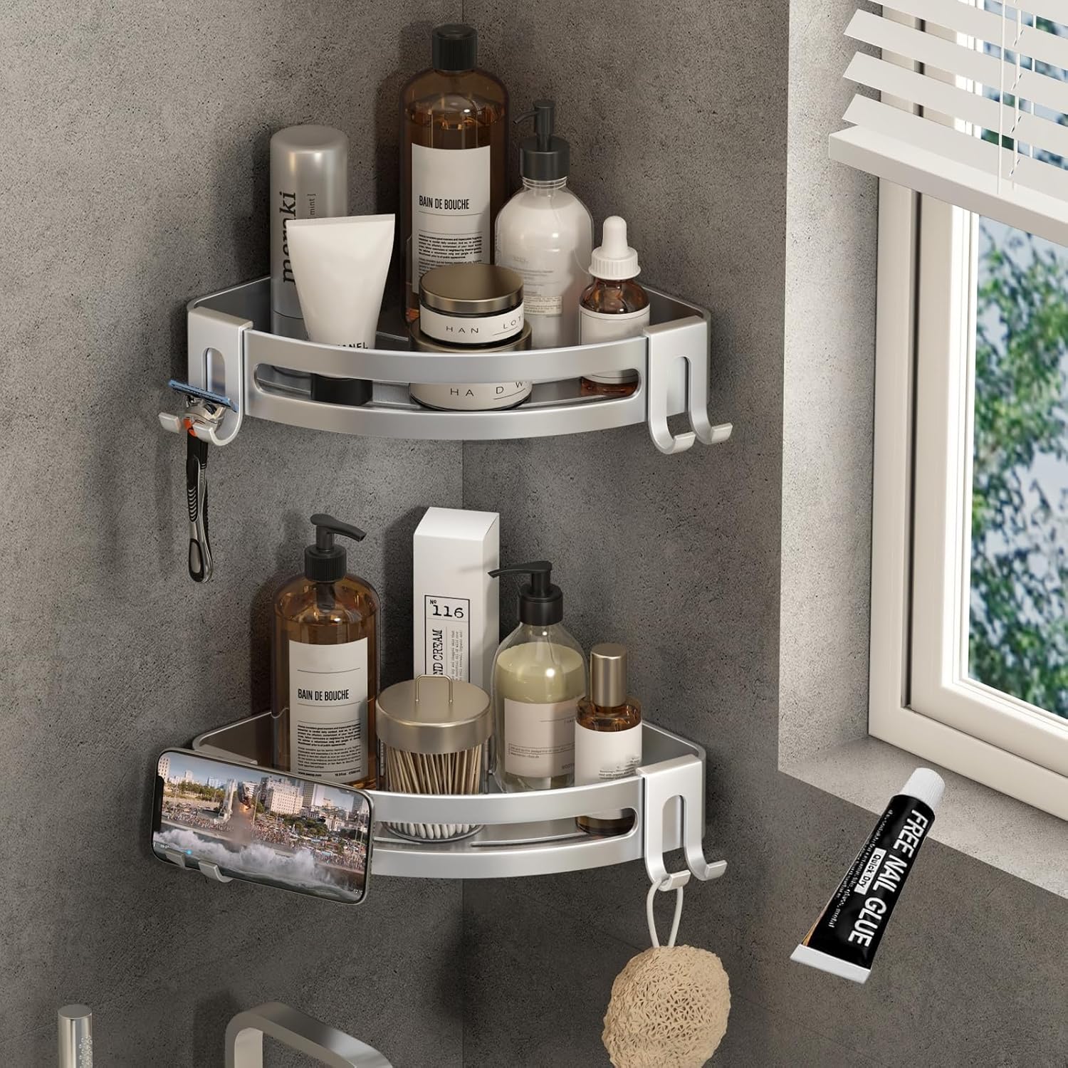 VOLPONE Shower Corner Shelf Caddy 2 Pack shower Organizer No Drill (adhesive mounting, no suction cup) Shower Storage Rust Proof Bathroom Corner Wall Shelf shampoo holder Silver