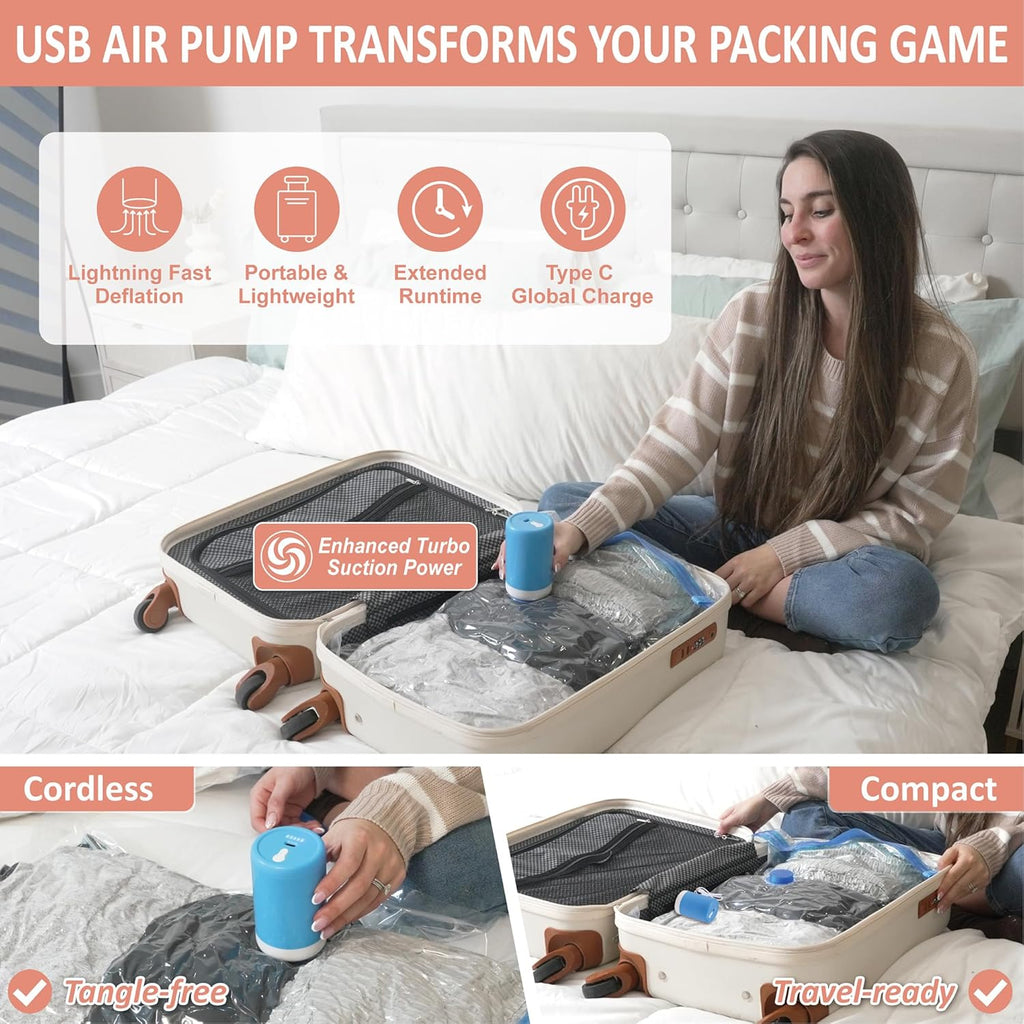 16 Pack Travel Vacuum Storage Bags with Rechargeable Wireless Electric Pump for Luggage, Suitcase, Carry-on Size Vacuum Seal Compression Space Saver Bags for Clothes and Clothing Travel