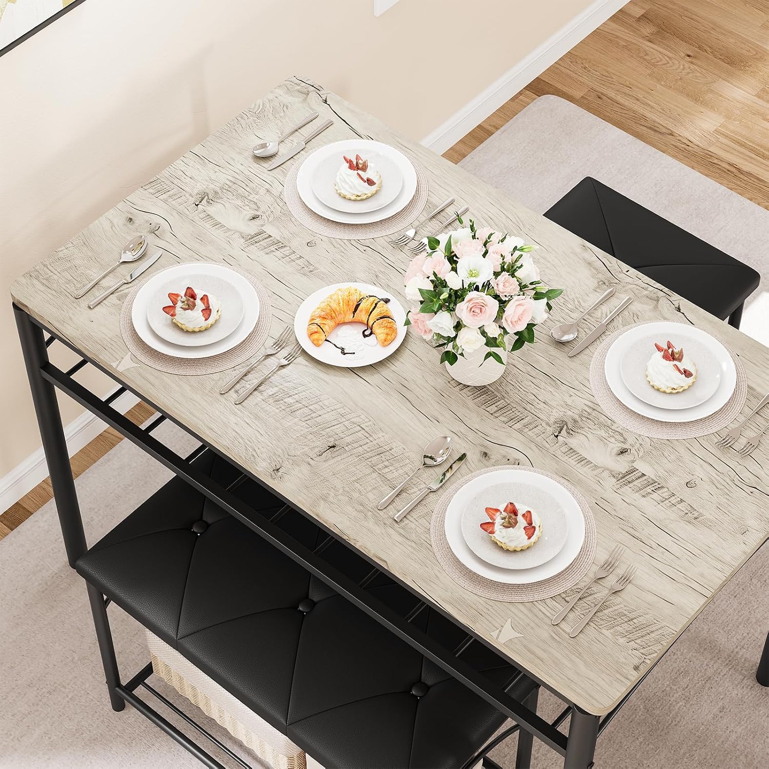 IDEALHOUSE Dining Table Set for 4 with Upholstered Benches and 2 Stools, Small Kitchen Table Chairs Set of 4 for Apartment, Studio, Home and Small Space