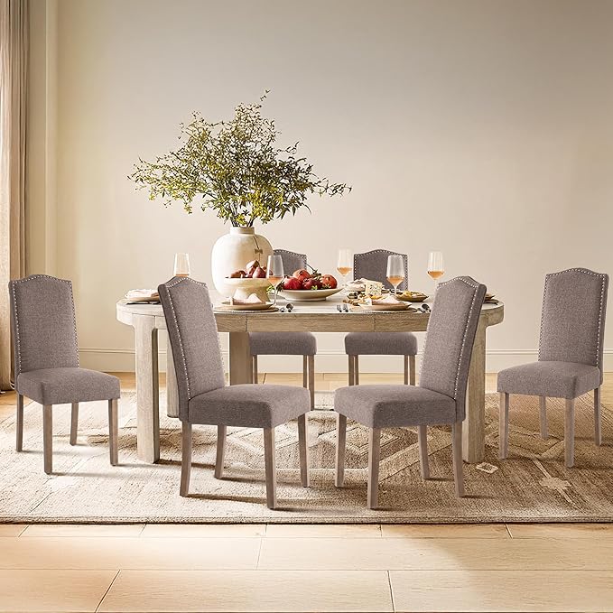 Upholstered Dining Chair Modern Stylish Parsons Kitchen Diner High Back with Silver Nailhead Trim & Wood Legs, Set of 2, Fabric Brown